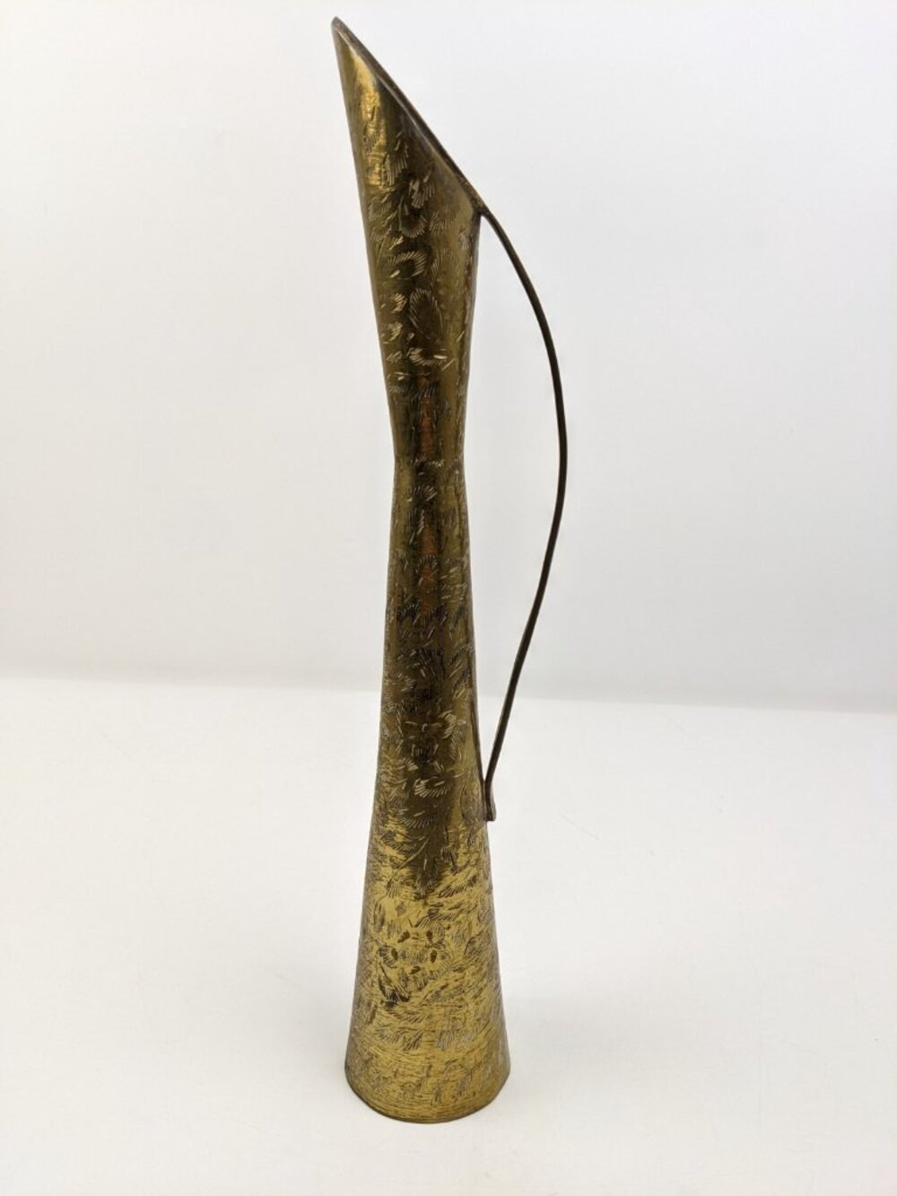 Vintage Brass India Floral Engraved Etched Pitcher Jug 14" Tall Thin Decor
